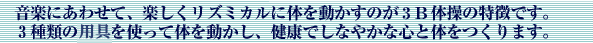 音楽にあわせて、楽しくリズミカルに体を動かすのが３B体操の特徴です。３種類の用具を使って体を動かし、健康でしなやかな心と体をつくります。
